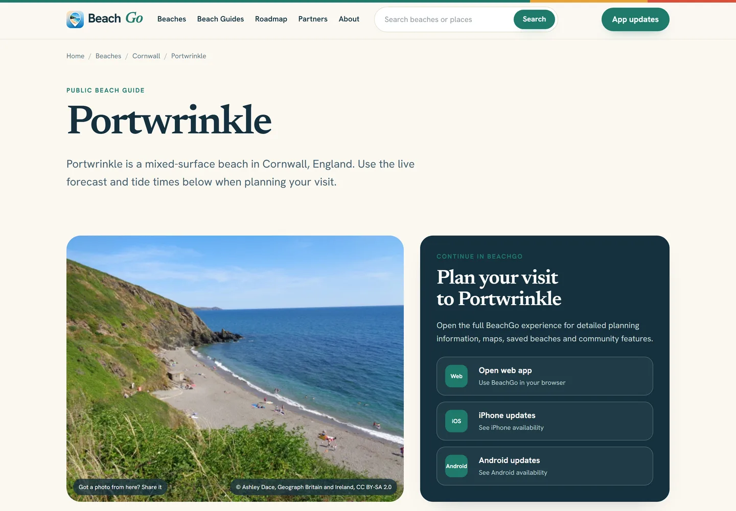 A BeachGo beach guide page for Portwrinkle in Cornwall