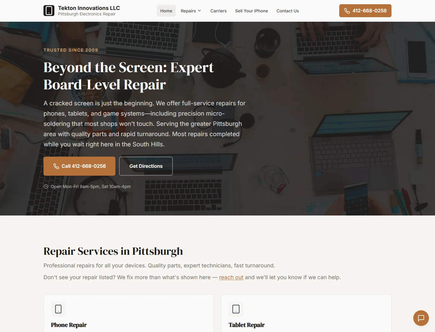 Tekton Innovations electronics repair homepage