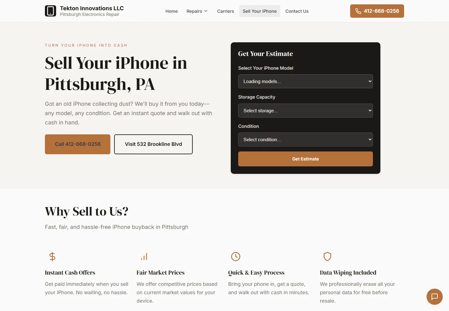 Tekton Innovations online iPhone estimate tool