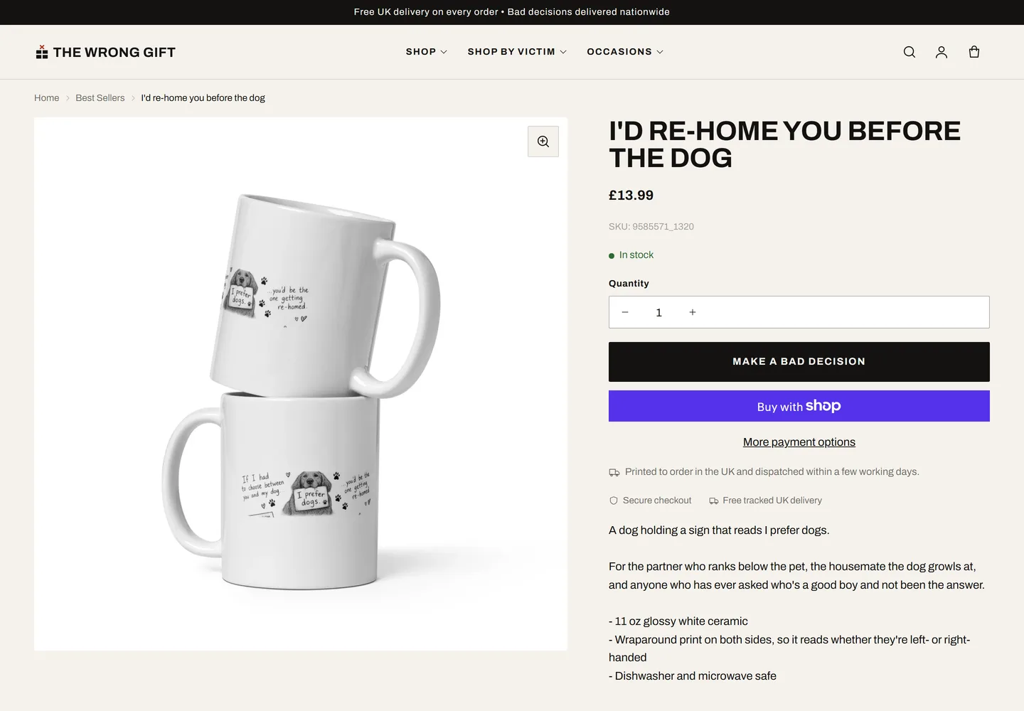 The Wrong Gift product page showing gallery, price, stock and checkout options